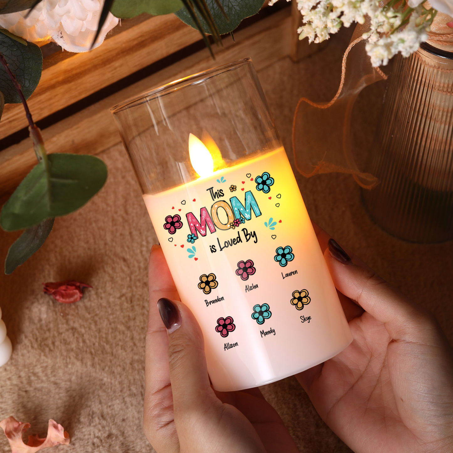 Personalized LED Glass Candle - This Mom Is Loved By