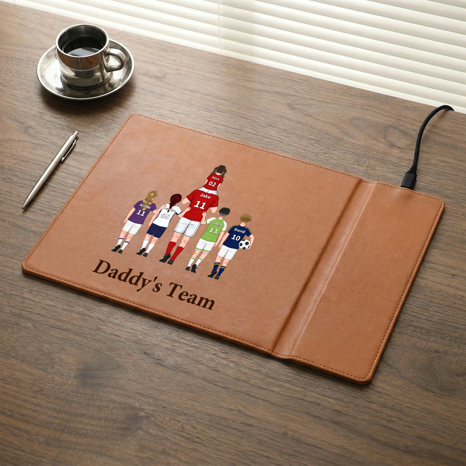 Personalized Leather Desk Pad With Wireless Charging Function Dadday's Team Custom with 1 To 8 Child Figures And Names