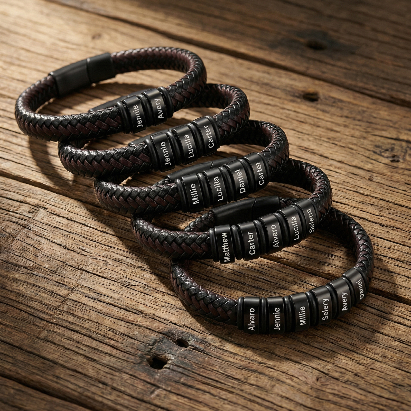 Personalized Leather Braided Bracelet Custom with 2-6 Name Beads