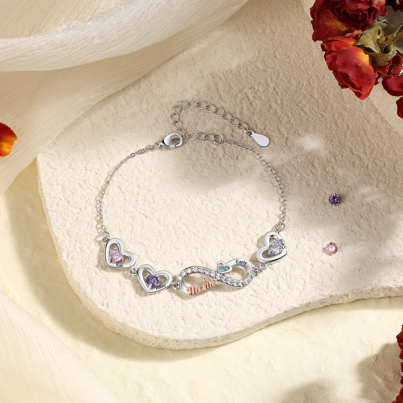 Personalized Infinity Heart Bracelet Mom Birthstones Bracelet Customized With 2–6 Names