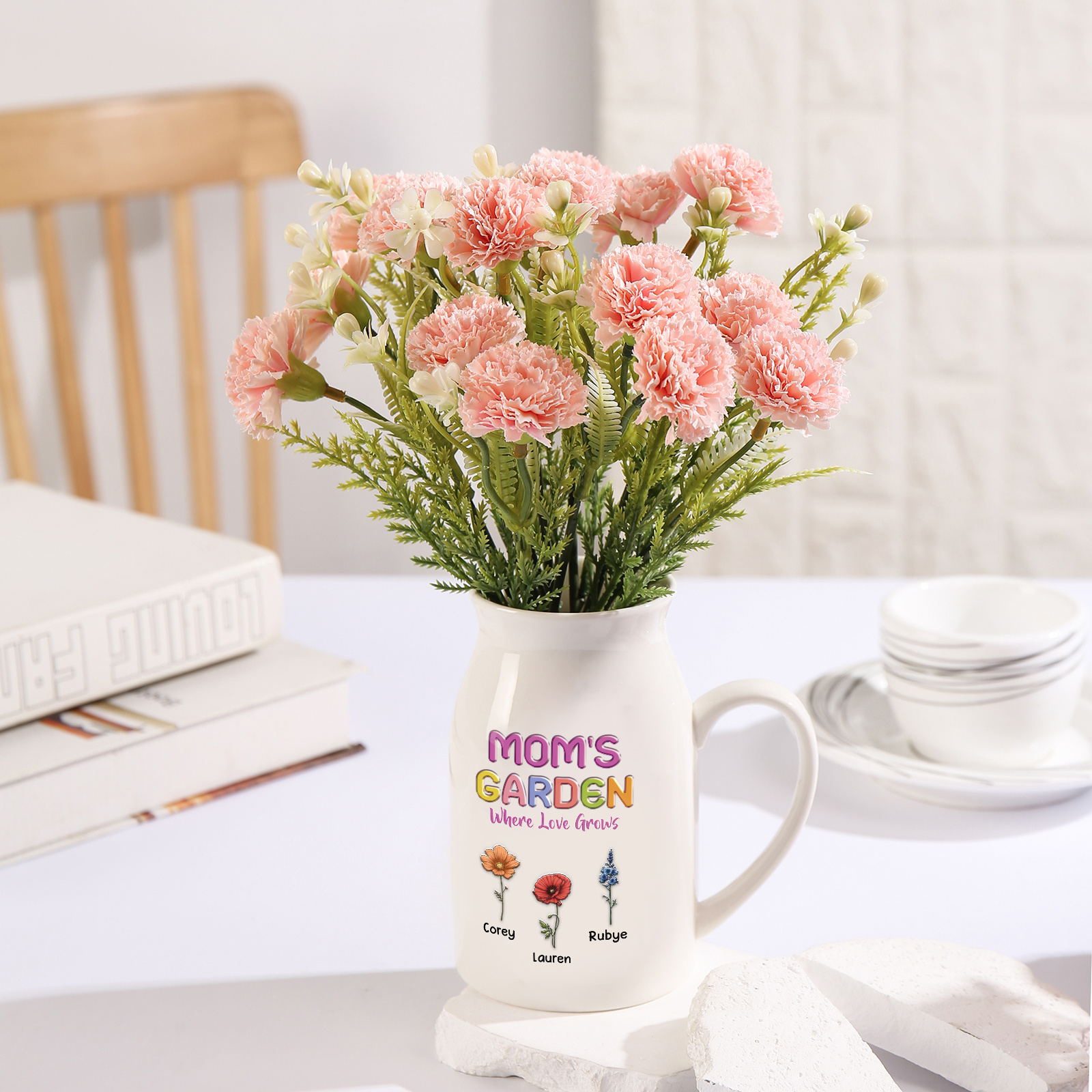 Personalized Ceramic Pitcher Vase Custom With 1-10 Names And Birth Flowers Gift For Mom Or Grandma