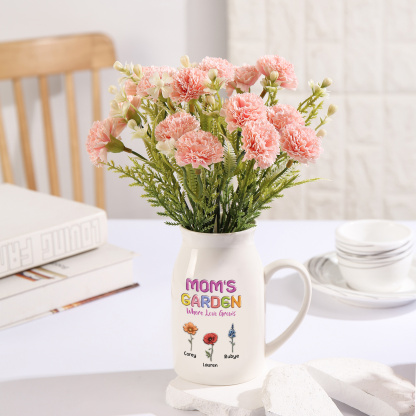 Personalized Ceramic Pitcher Vase Custom With 1-10 Names And Birth Flowers Gift For Mom Or Grandma