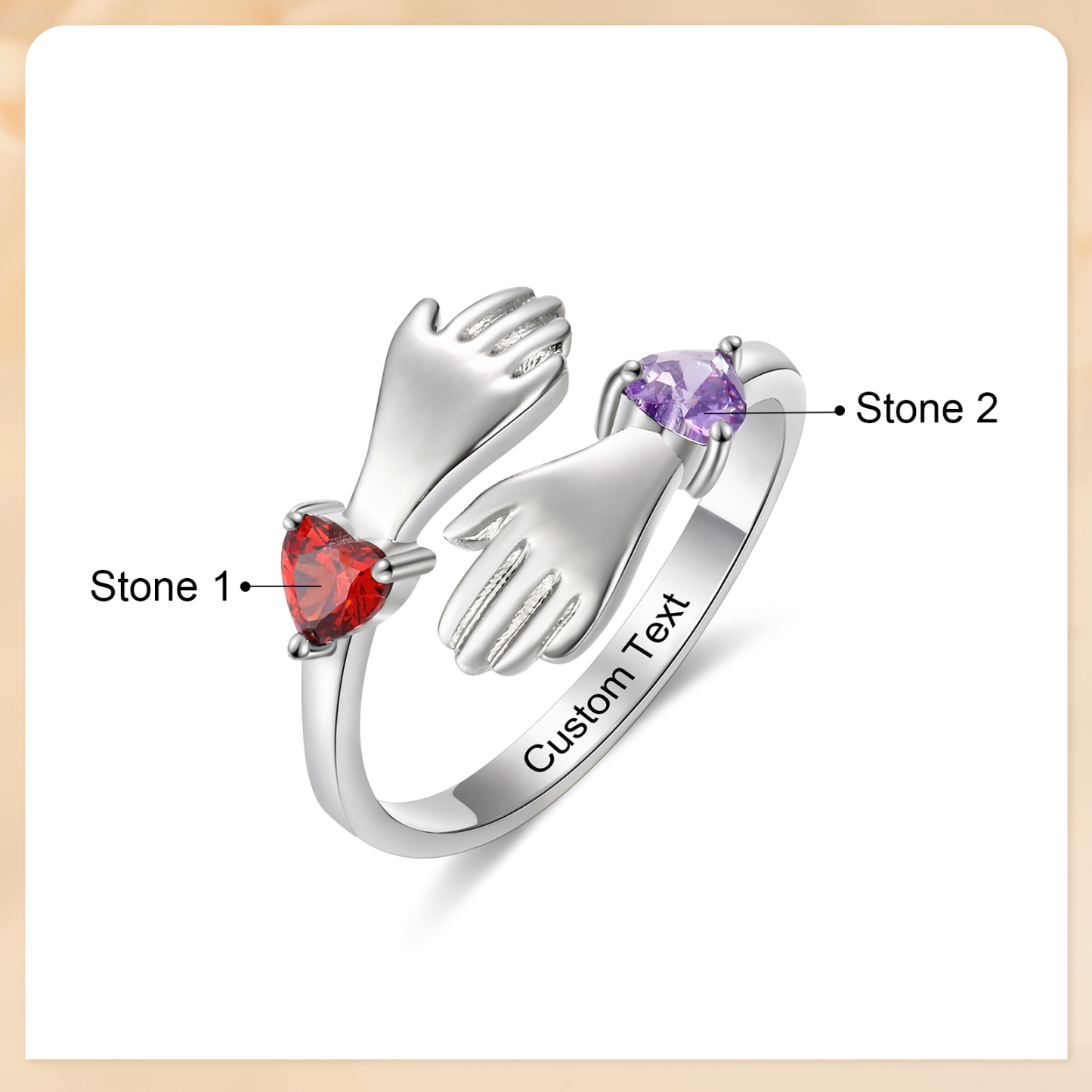 Personalized Hug Hands Ring with Heart Birthstones
