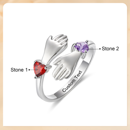 Personalized Hug Hands Ring with Heart Birthstones