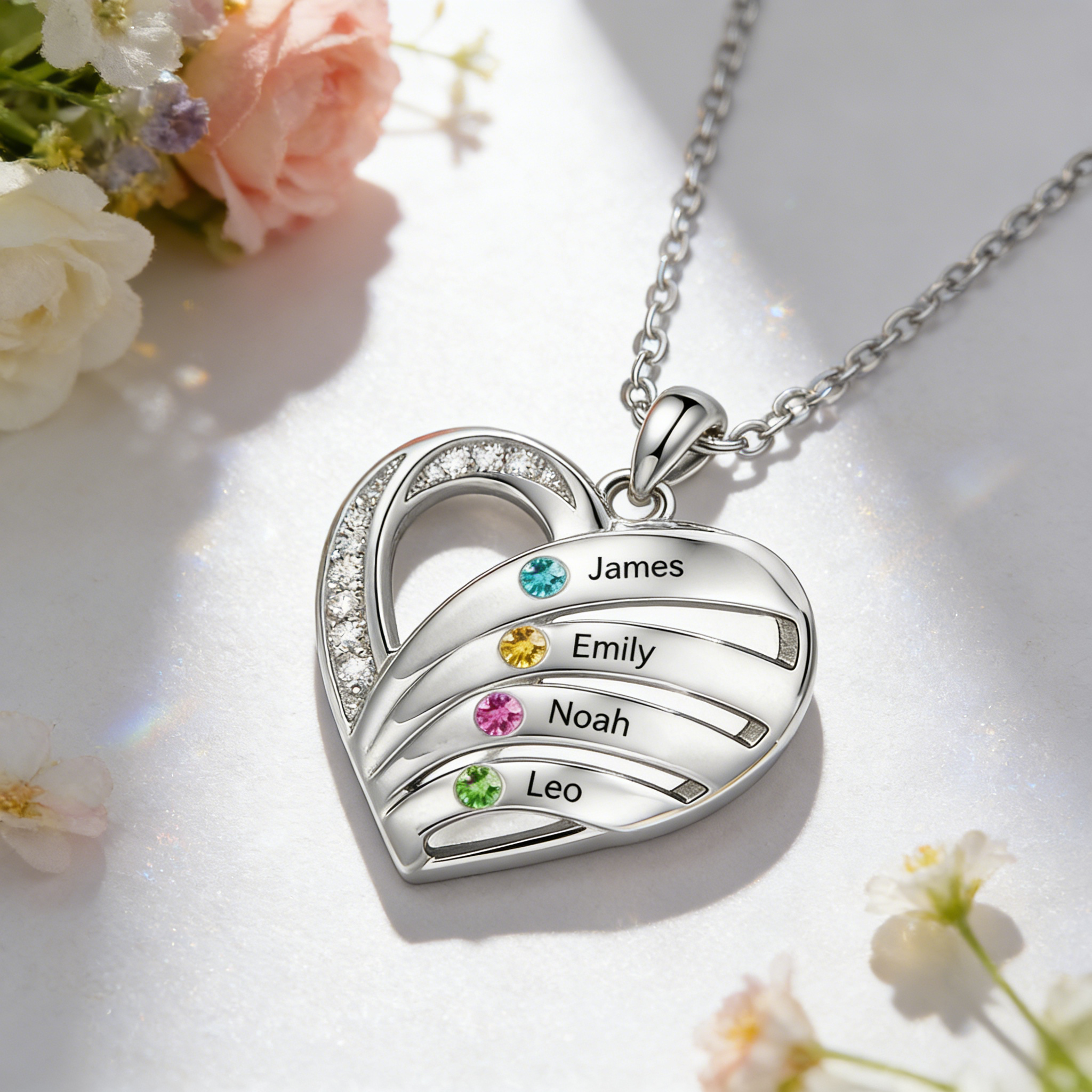 Personalized Heart Birthstones Necklace Customized With 3–5 Names And Stones