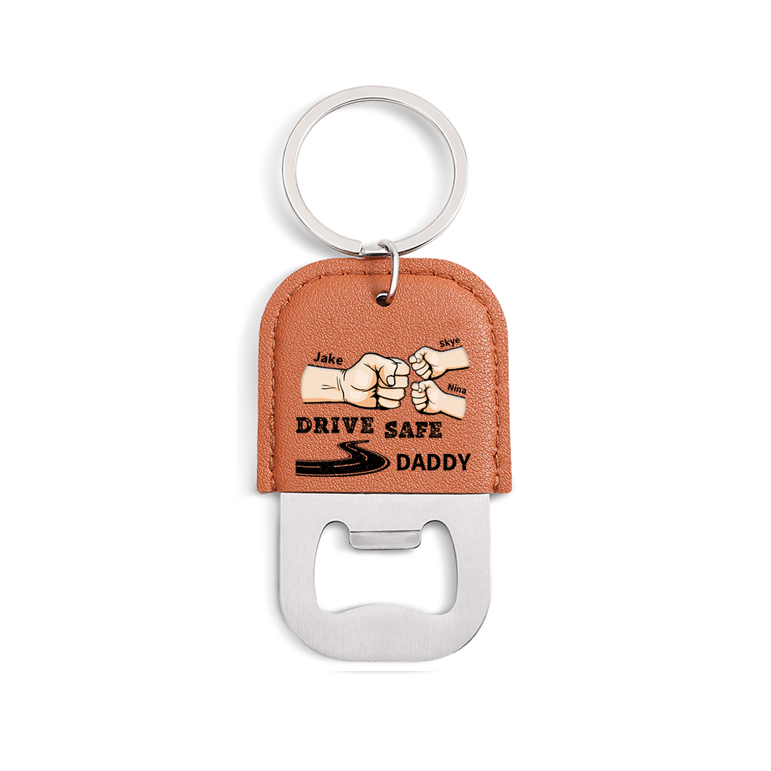 Personalized Leather Keychain With Bottle Opener For Dad Drive Safely