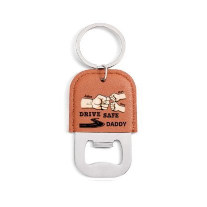 Personalized Leather Keychain With Bottle Opener For Dad Drive Safely