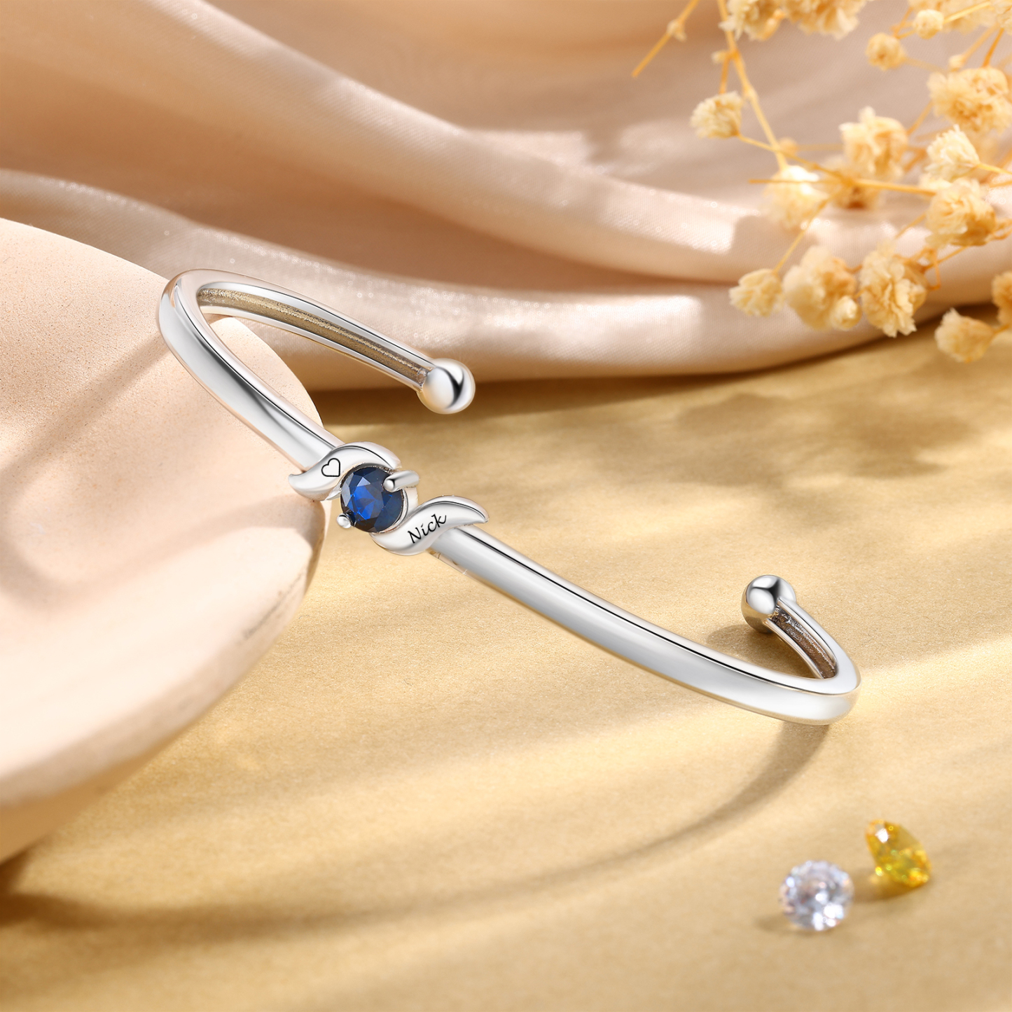 Personalized Women Birthstones Bangle Family Bracelet Customized With 1–5 Names Stones