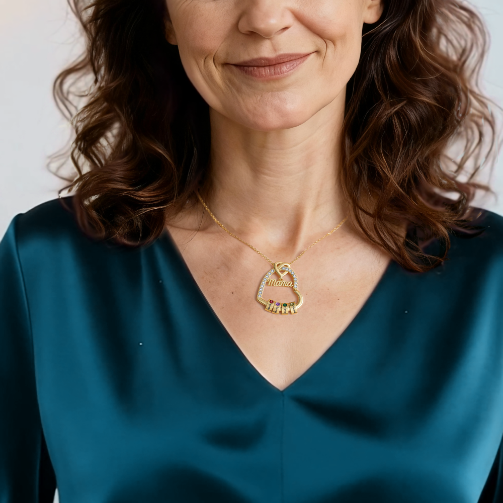 1-5 Names & Birthstone - Personalized Mother’s Day Necklace with Name, Title & Birthstone - Heart Pendant for Mom, Grandma