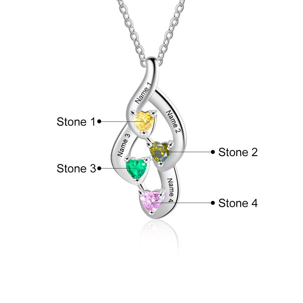 Personalized Necklace With 4 Heart Birthstones Engraved Names Gift For Her