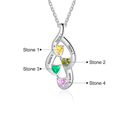 Personalized Necklace With 4 Heart Birthstones Engraved Names Gift For Her