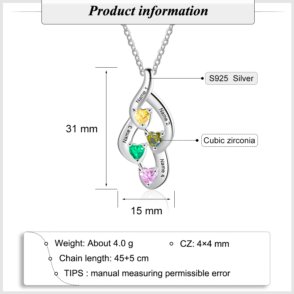 Personalized Necklace With 4 Heart Birthstones Engraved Names Gift For Her