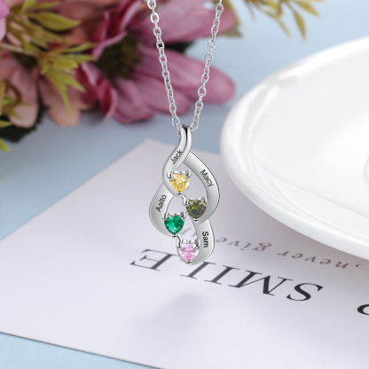 Personalized Necklace With 4 Heart Birthstones Engraved Names Gift For Her