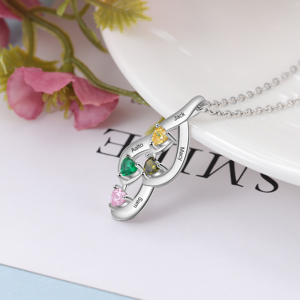 Personalized Necklace With 4 Heart Birthstones Engraved Names Gift For Her