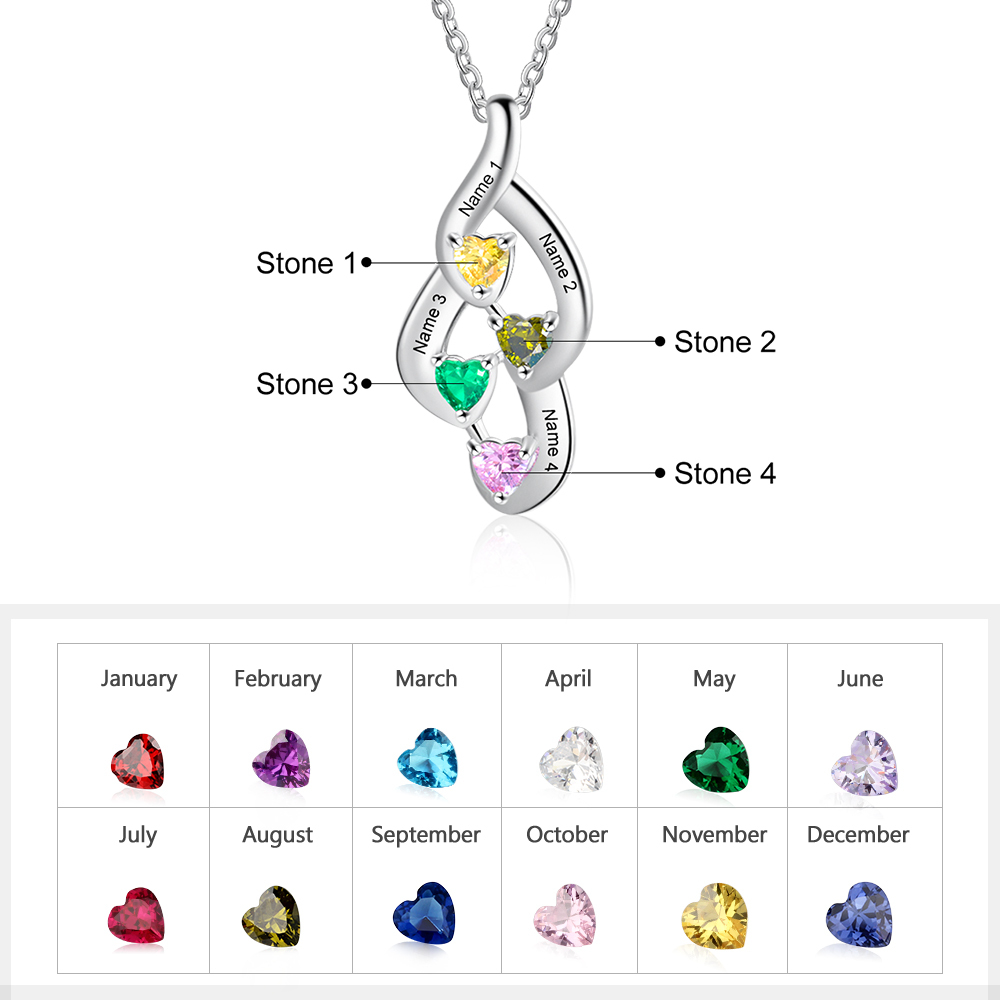Personalized Necklace With 4 Heart Birthstones Engraved Names Gift For Her