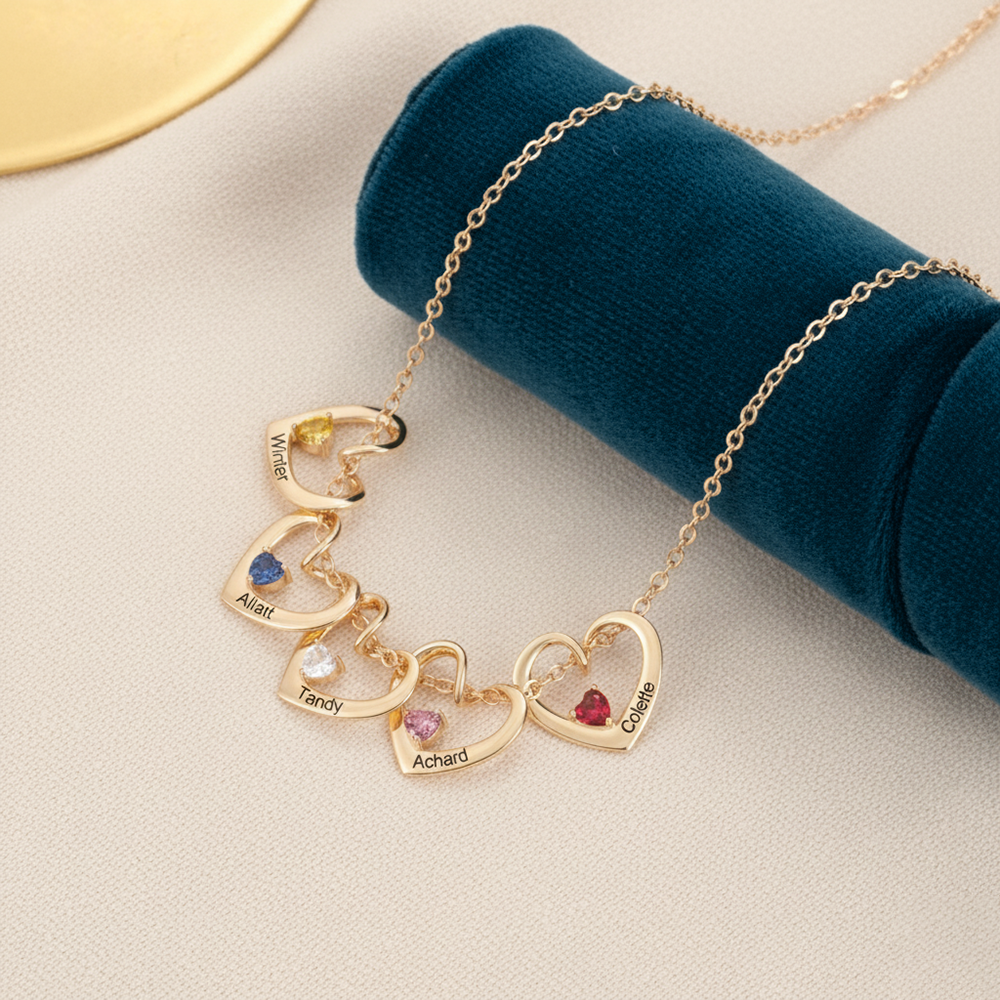 1-5 Names- Personalized Birthstone Necklace Set with Rose Gift Box - Customized Love Pendant Necklace Engraved Name Gift for Her