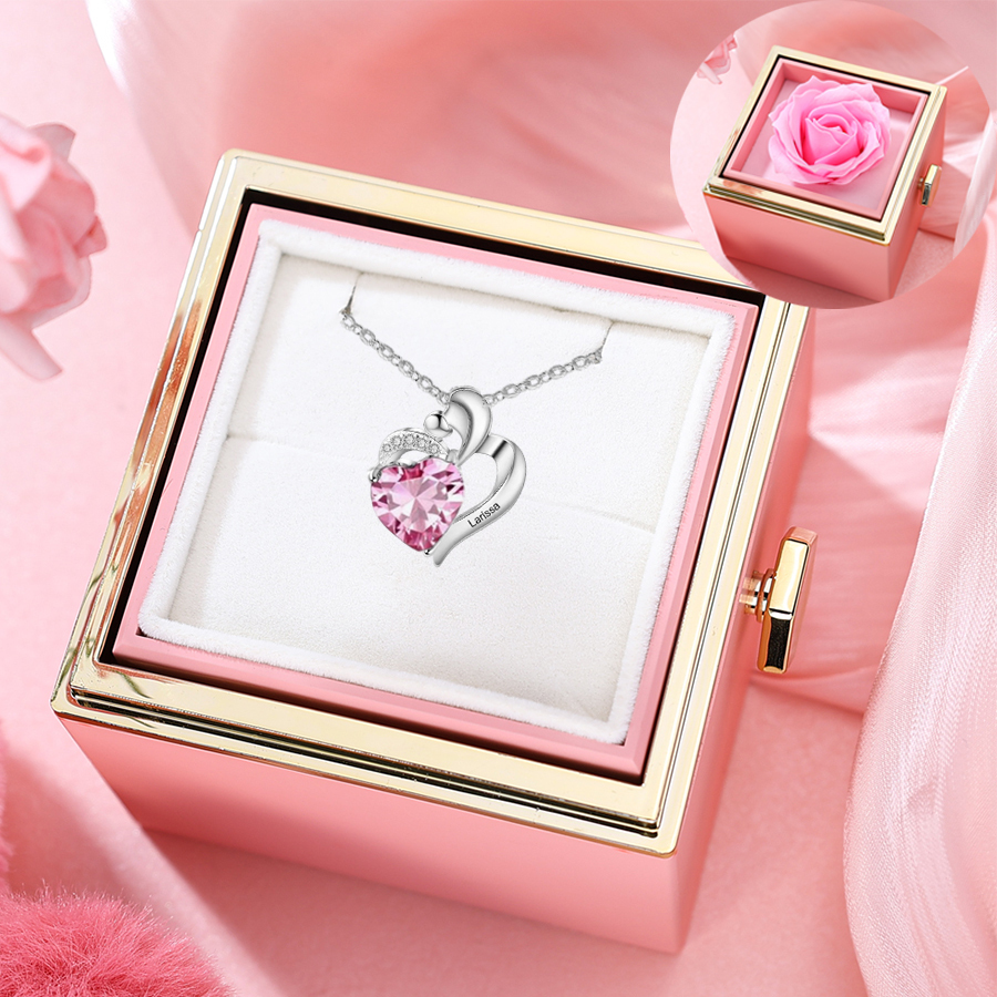 Personalised Name Mother & Child Necklace with Custome Birthstone & Name Heart Necklace for Wife | Jessemade