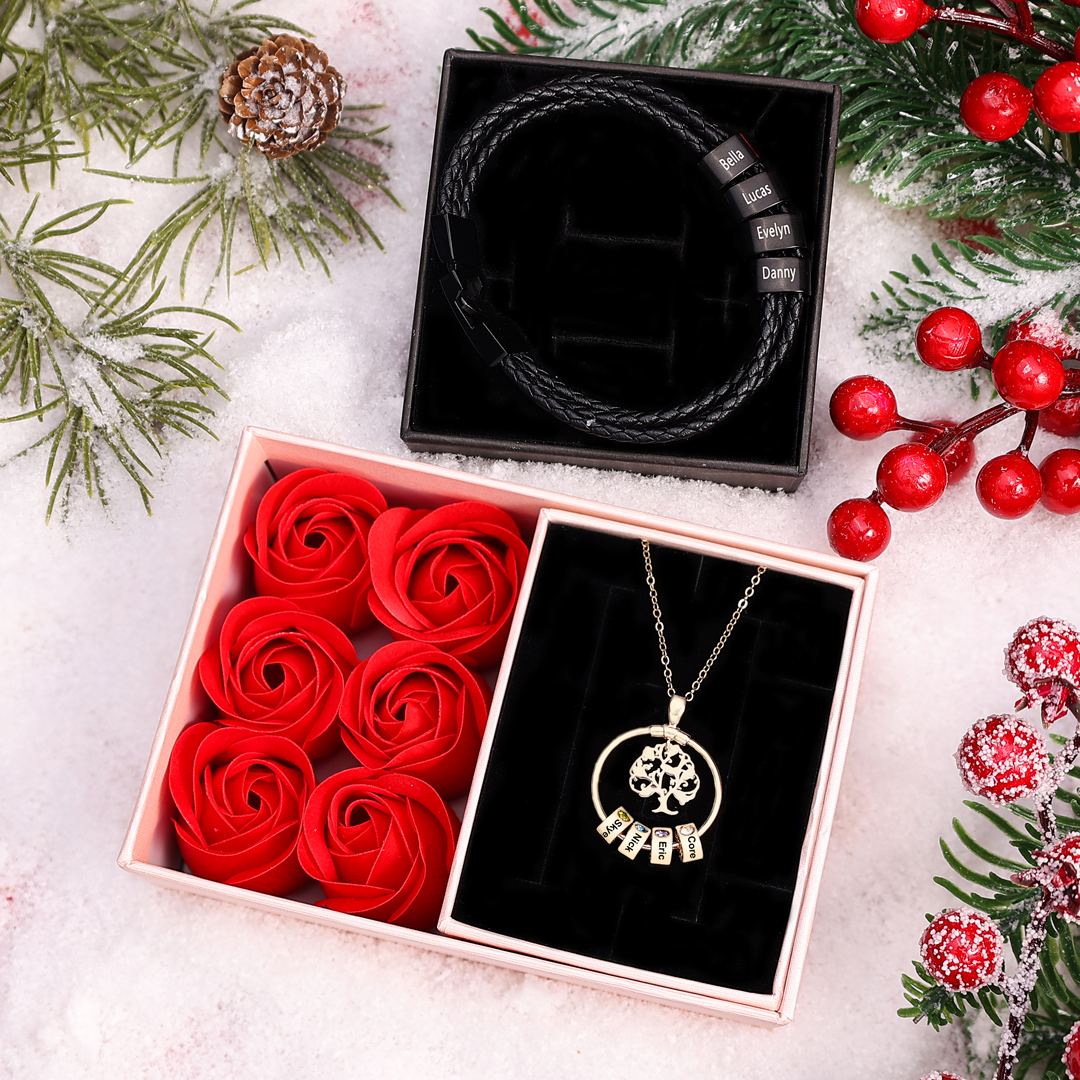 Personalized Family Tree Necklace With 4 Birthstone & 4 Name & Bracelet with 4 Name Gift Set Christmas Gift for Family | Jessemade