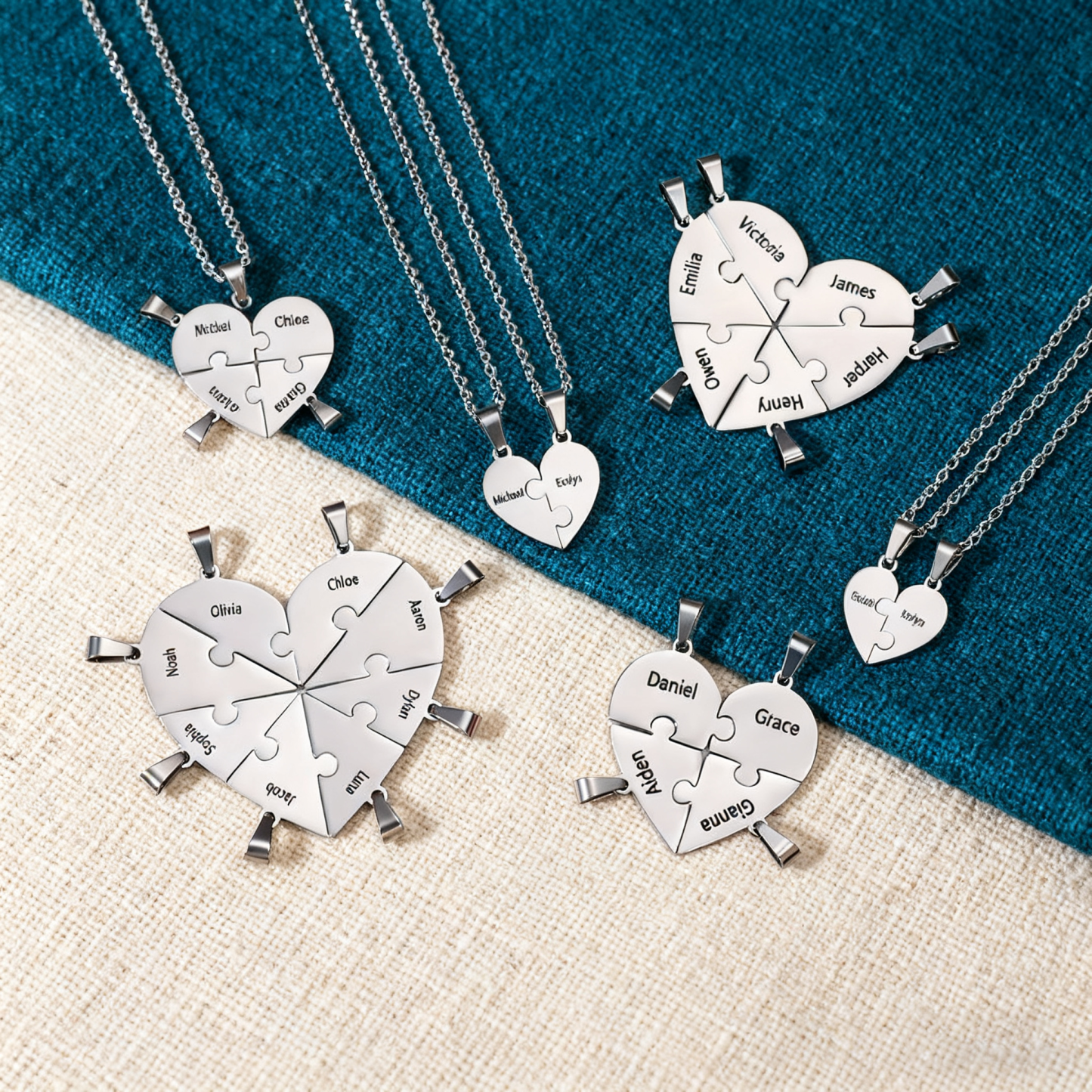Personalized Heart Puzzle Necklace With 3 Names Gifts For Her