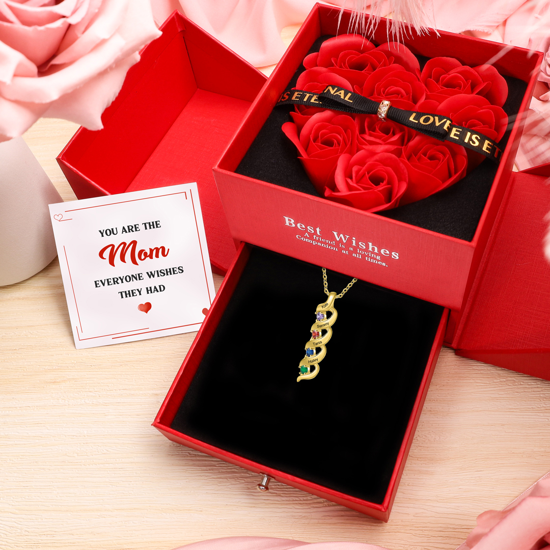 4 Names-Personalized Birthstones Necklace Set With Rose Gift Box-Custom Cascading Pendant Necklace Gifts for Her