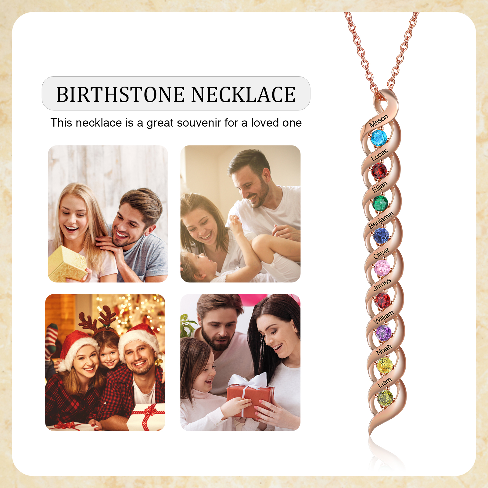 9 Names-Personalized Birthstones Necklace Set With Rose Gift Box-Custom Cascading Pendant Necklace Engraving 9 Names Gifts for Her