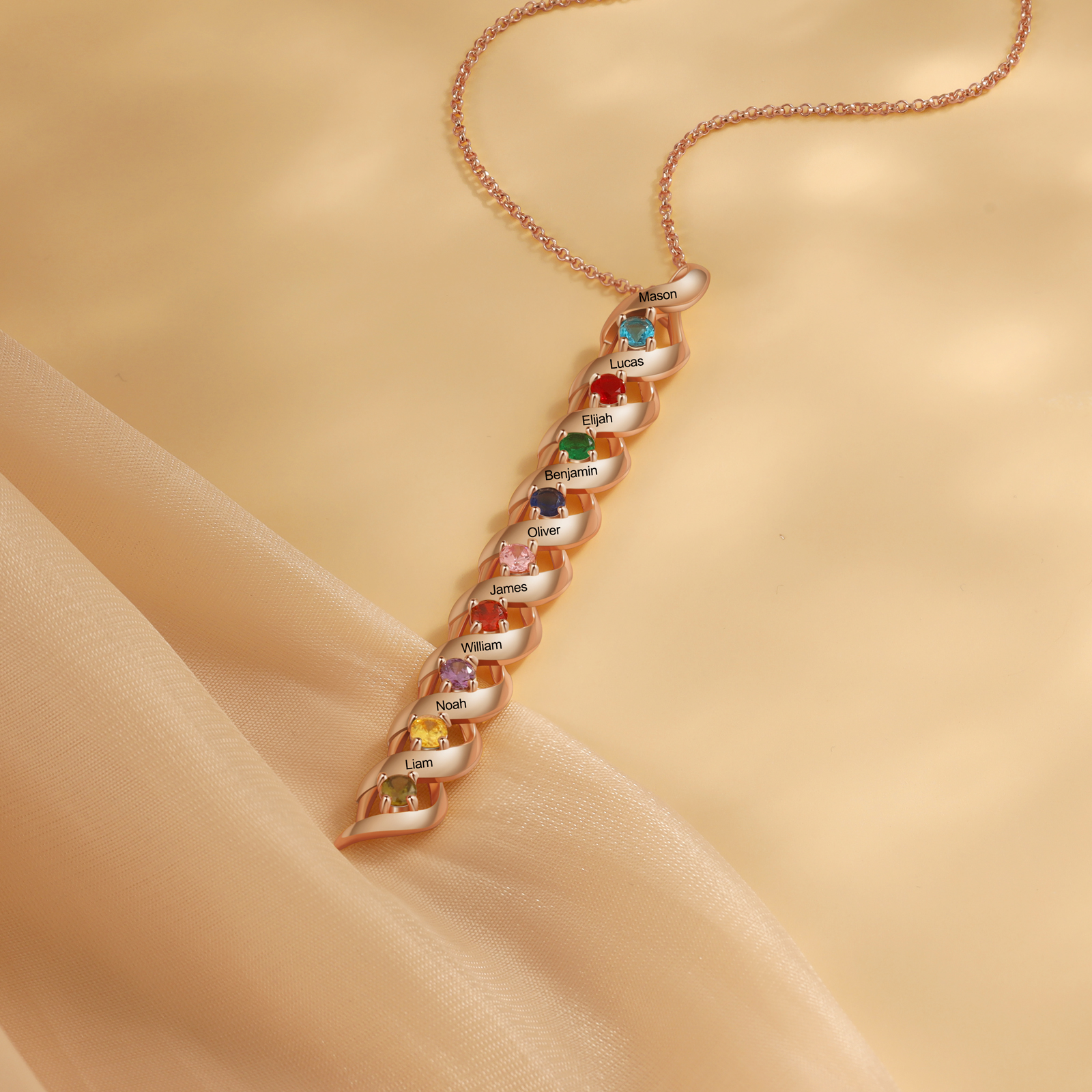 9 Names-Personalized Birthstones Necklace Set With Rose Gift Box-Custom Cascading Pendant Necklace Engraving 9 Names Gifts for Her