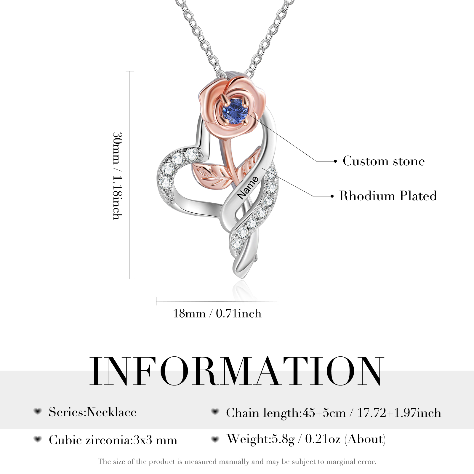 Personalised Rose Heart Necklace with Custom 1 Name & Birthstone Christmas Gift for Her | Jessemade