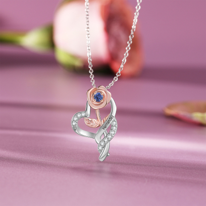 Personalised Rose Heart Necklace with Custom 1 Name & Birthstone Christmas Gift for Her | Jessemade