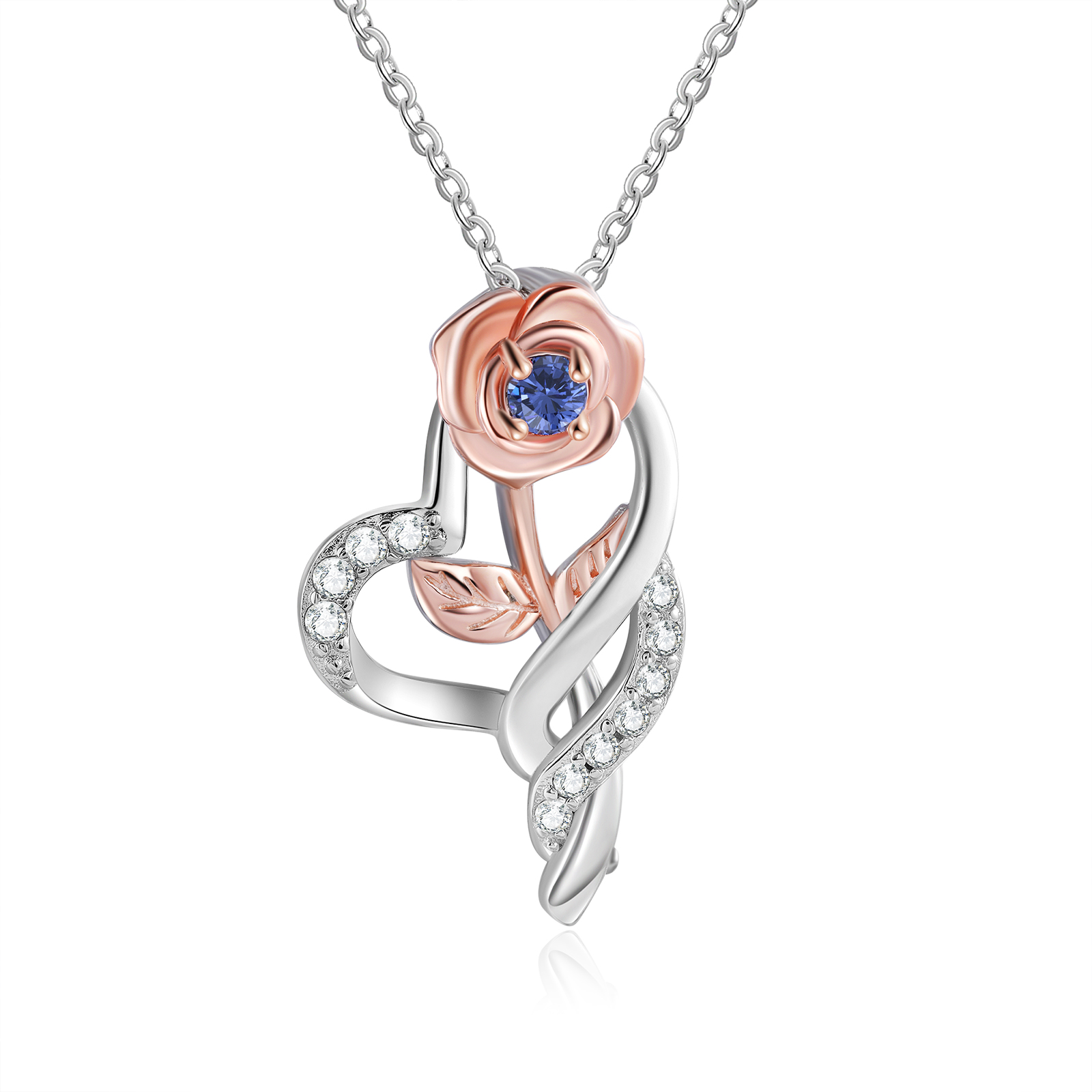 Personalised Rose Heart Necklace with Custom 1 Name & Birthstone Christmas Gift for Her | Jessemade