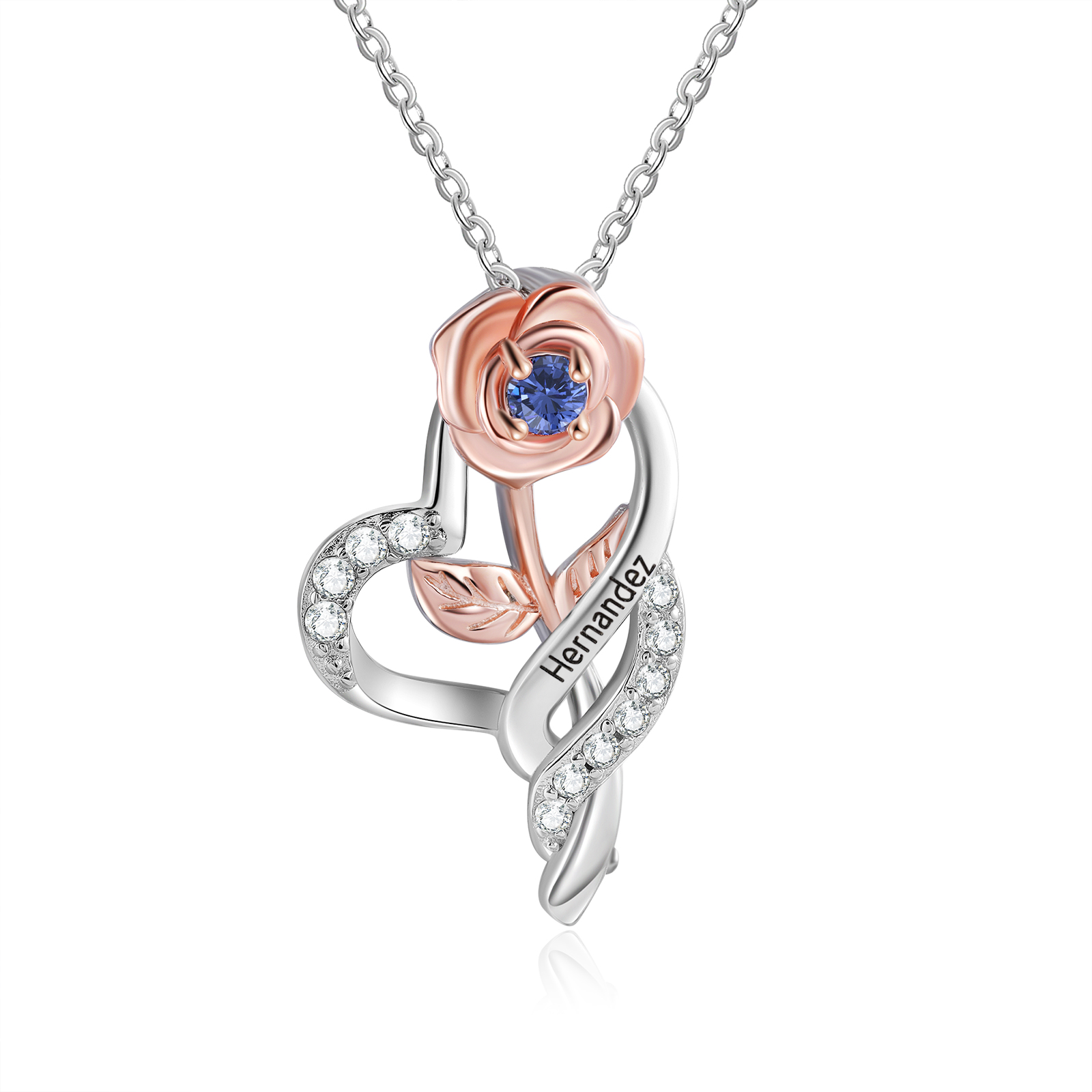 Personalised Rose Heart Necklace with Custom 1 Name & Birthstone Christmas Gift for Her | Jessemade