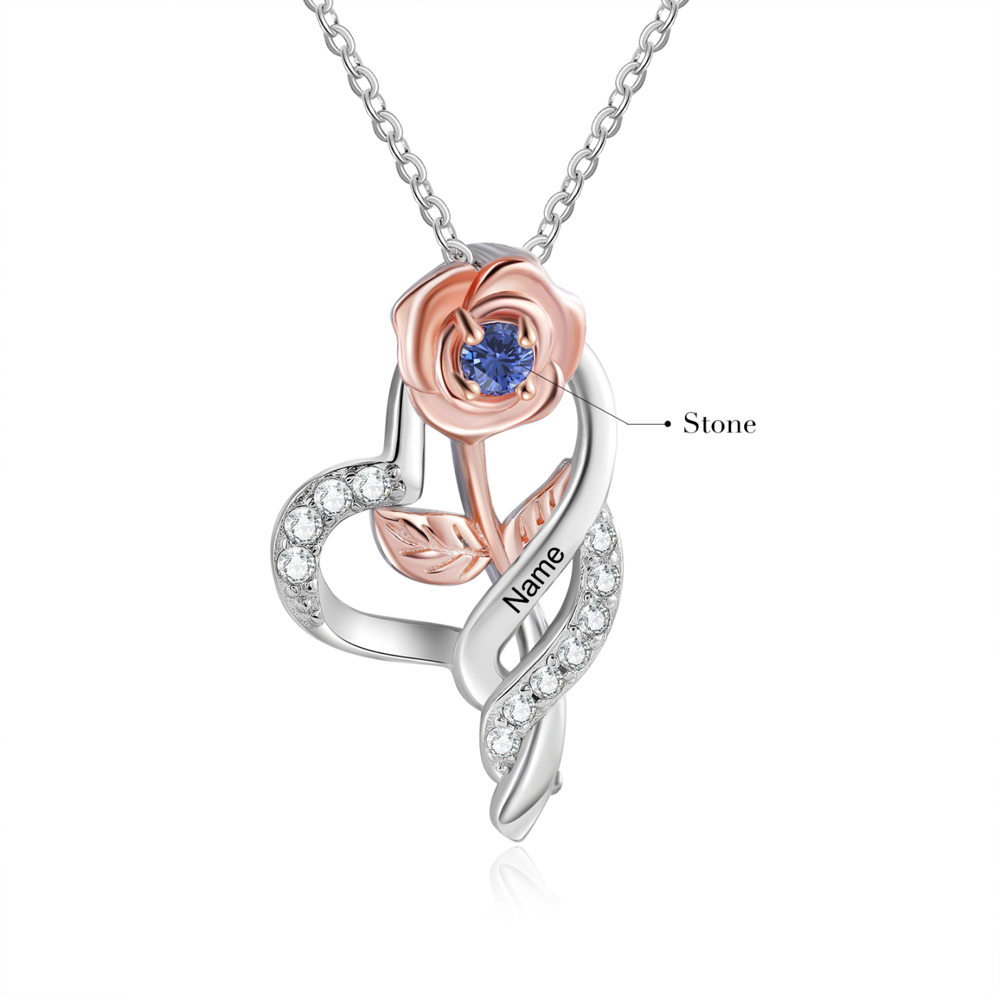 Personalised Rose Heart Necklace with Custom 1 Name & Birthstone Christmas Gift for Her | Jessemade