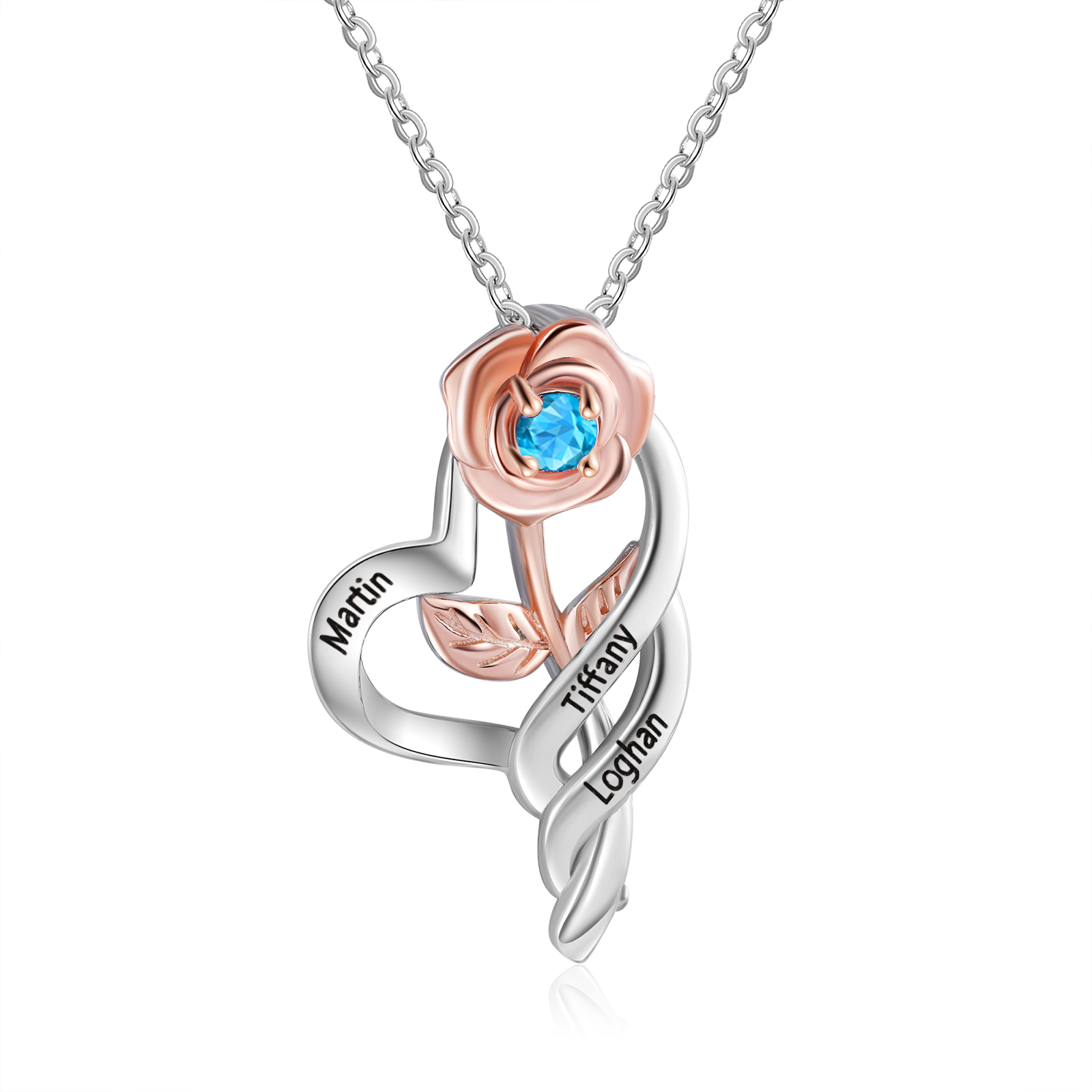 Personalised Rose Heart Necklace with Custom 3 Names & Birthstone Christmas Gift for Her | Jessemade