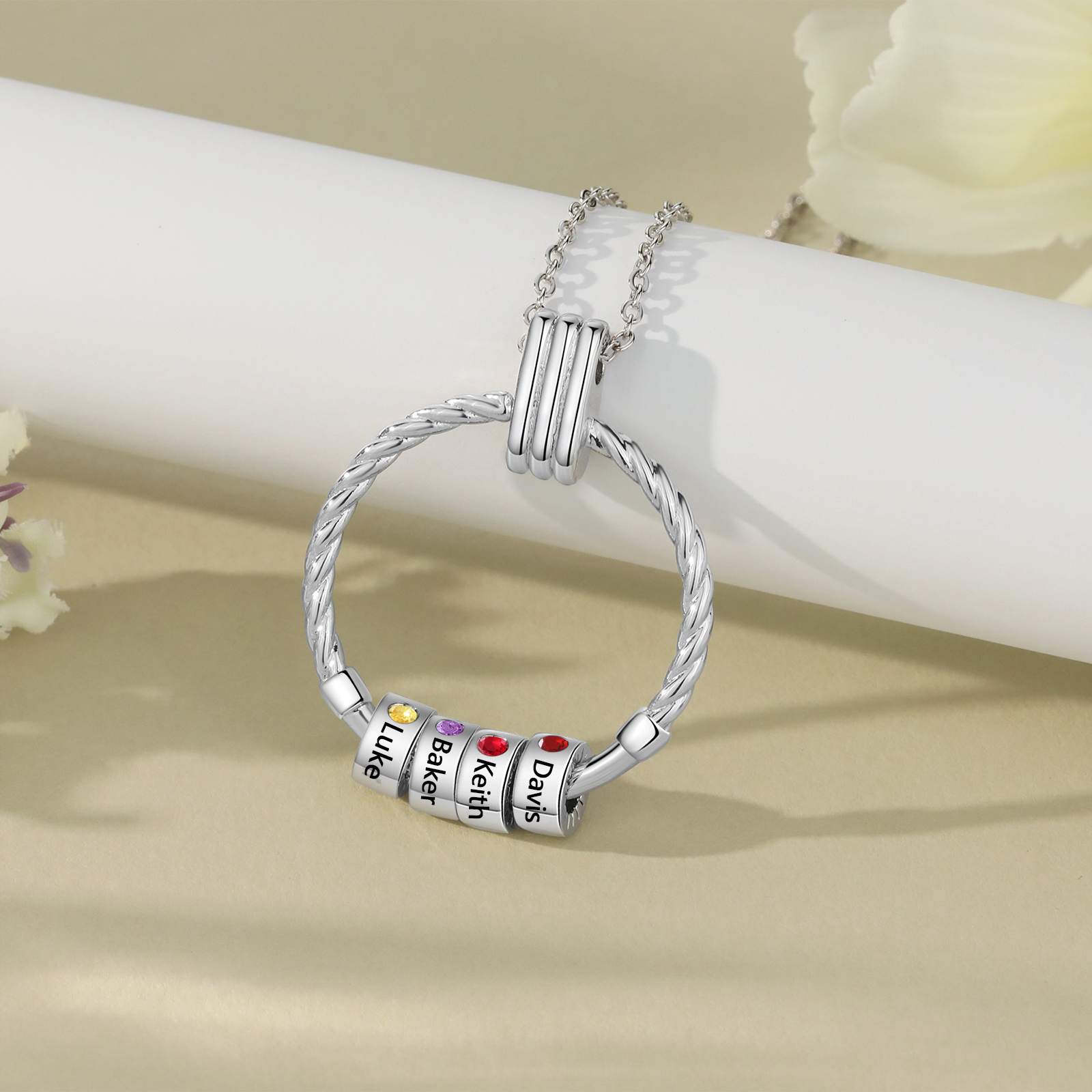 4 Names - Personalized Round Pendant Necklace Customized Name Gift for Her