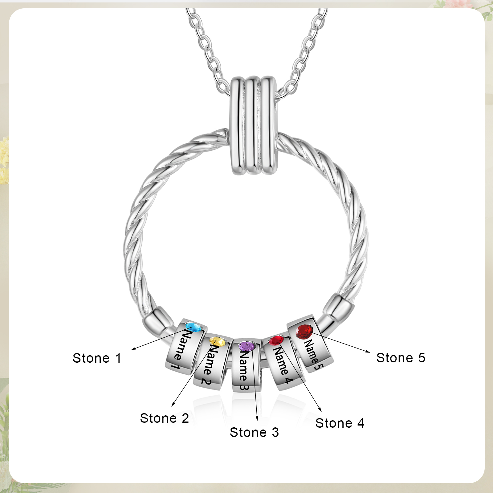 5 Names - Personalized Round Pendant Necklace Customized Name Gift for Her