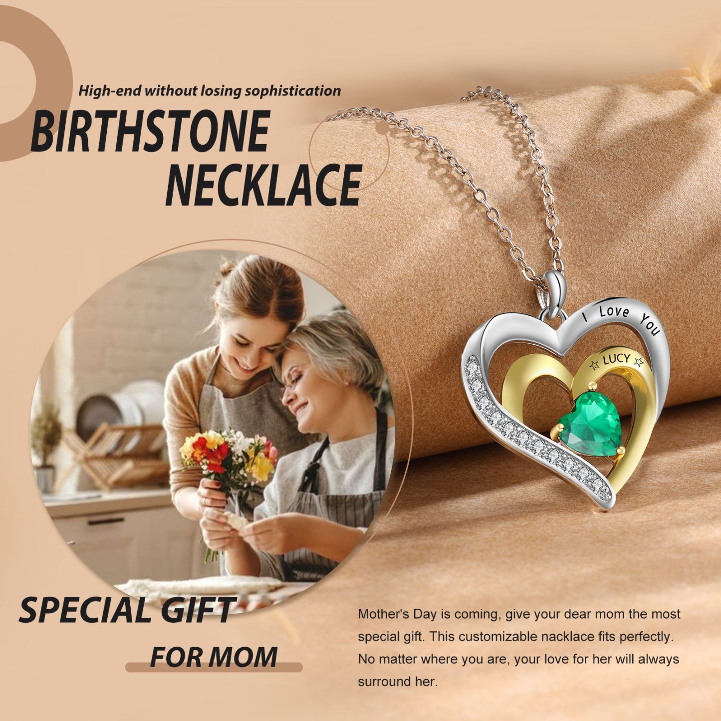 1 Name-Personalized Hearts Necklace Custom Birthstone Necklace Gifts for Mom