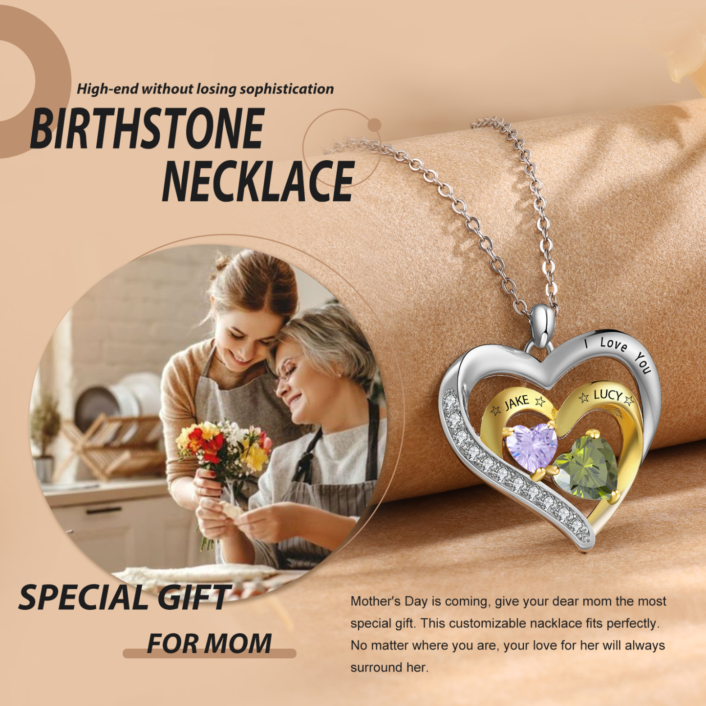 2 Names-Personalized Hearts Necklace Custom Birthstone Necklace Gifts for Mom