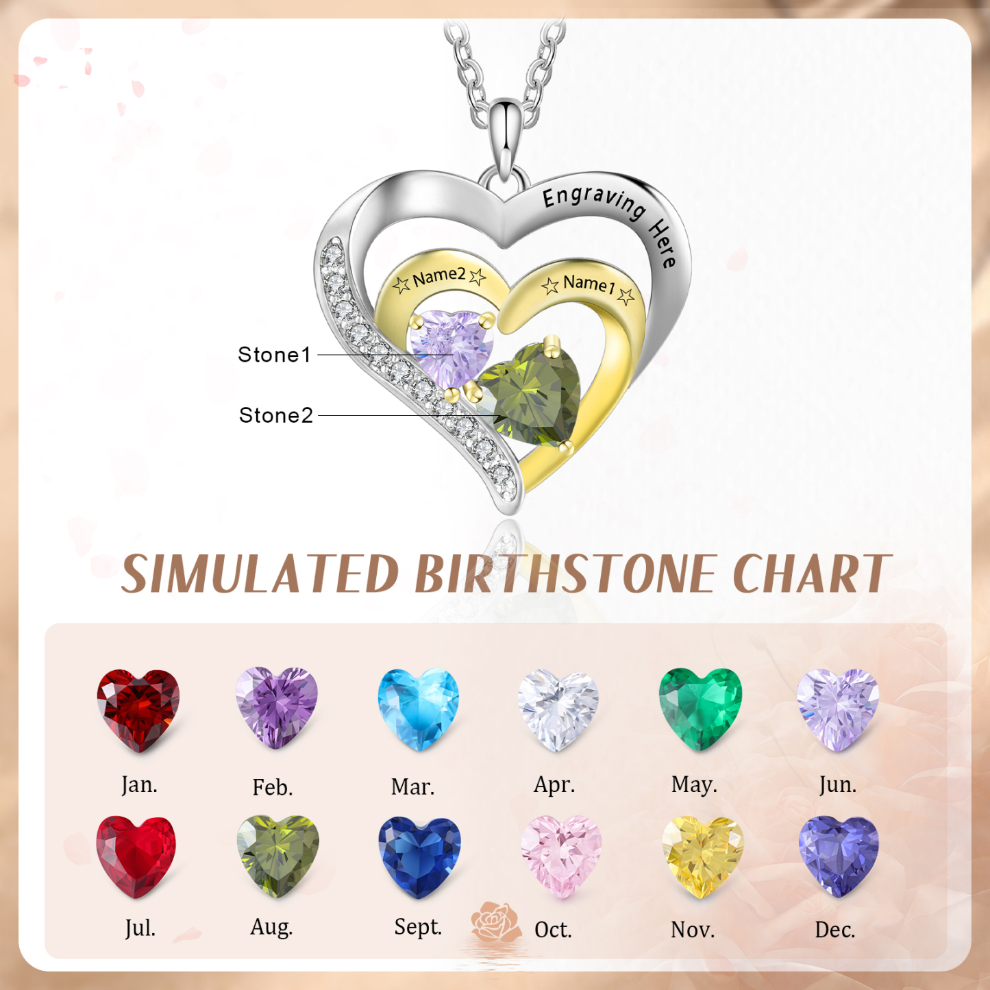 2 Names-Personalized Hearts Necklace Custom Birthstone Necklace Gifts for Mom