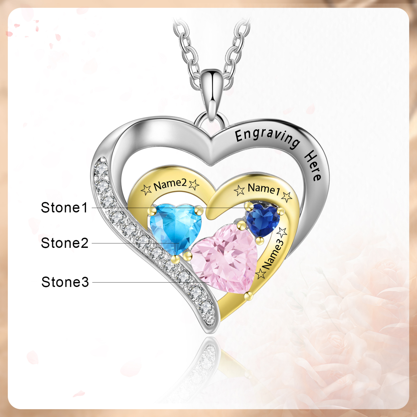 3 Names-Personalized Hearts Necklace Custom Birthstone Necklace Gifts for Mom