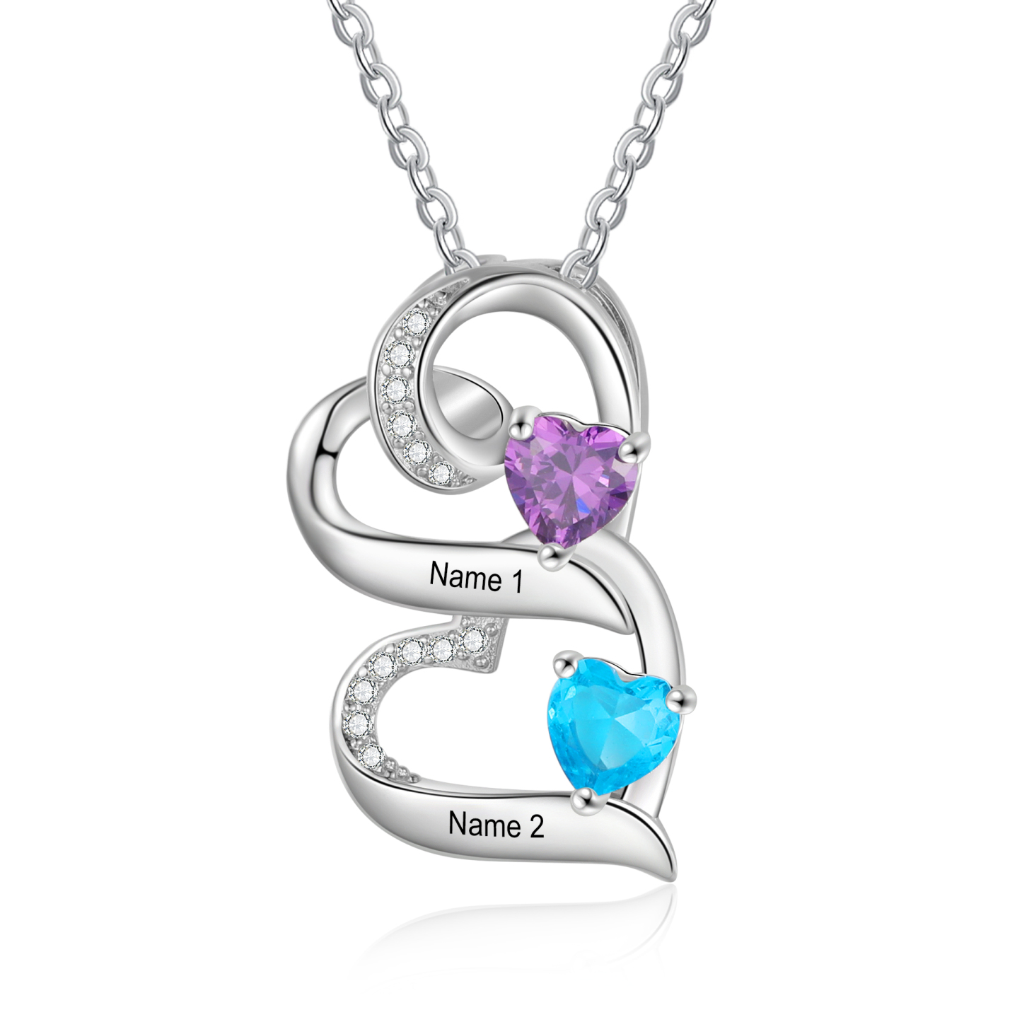 Personalised Heart Necklace with Custom 2 Names & 2 Birthstones – 925 Sterling Silver Double Heart Design – Valentine’s Day Gift for Her | Jessemade