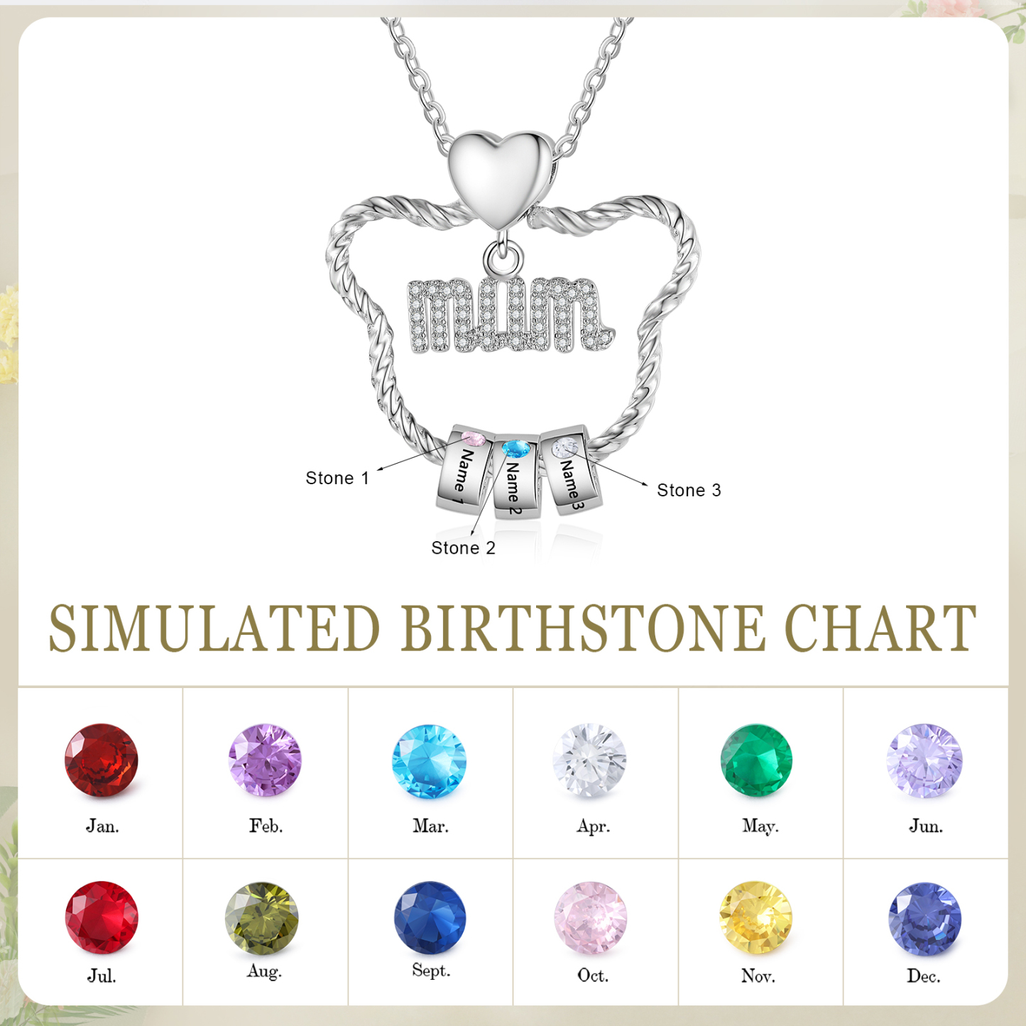 3 Names - Personalized Cat Head Shape Necklace Customized 3 Birthstones & Names Necklace Gift for Mom