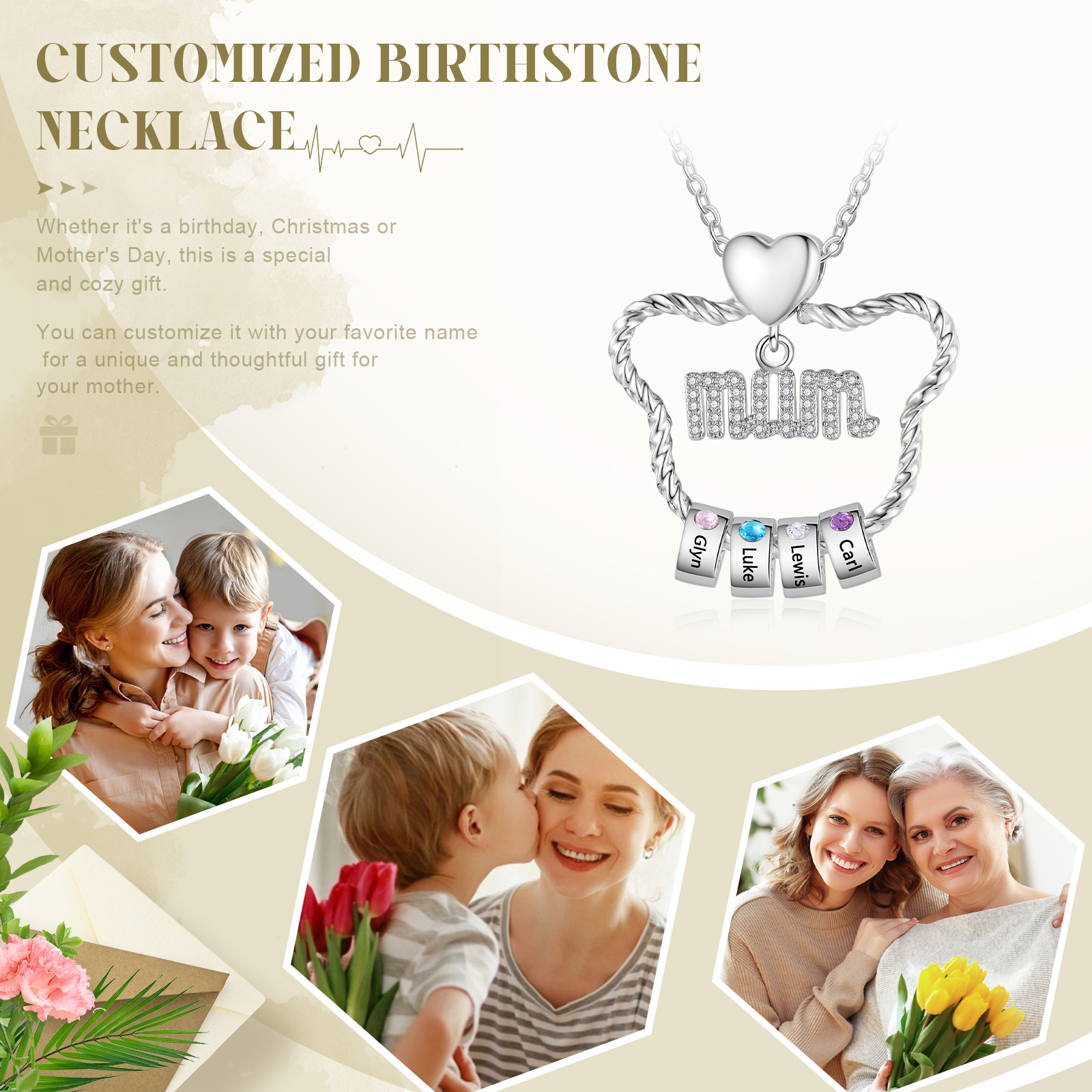 4 Names - Personalized Cat Head Shape Necklace Customized 4 Birthstones & Names Necklace Gift for Mom