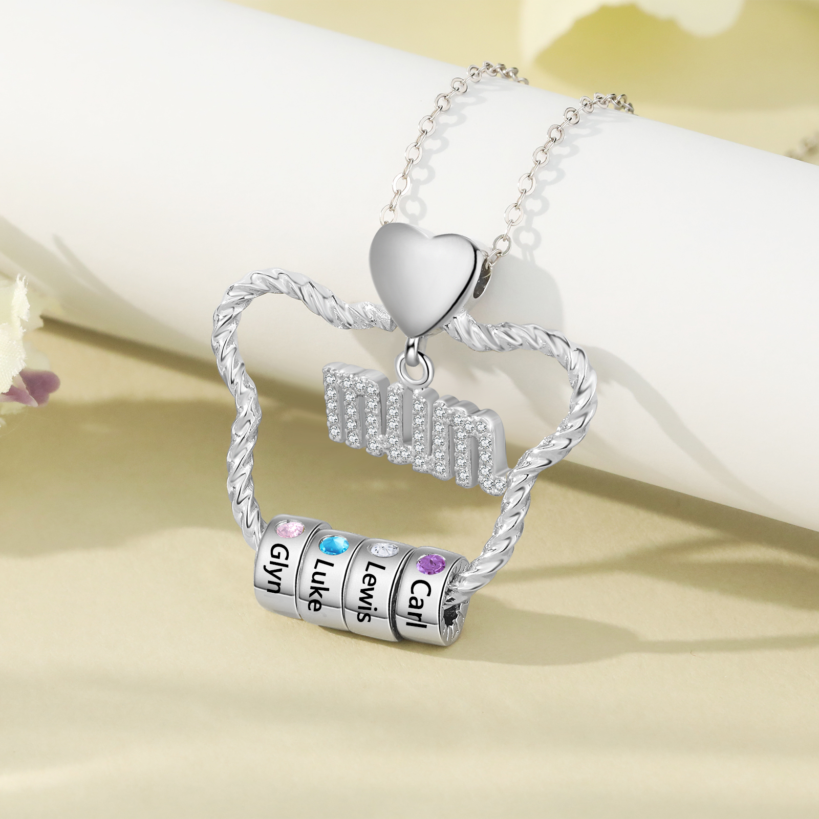 4 Names - Personalized Cat Head Shape Necklace Customized 4 Birthstones & Names Necklace Gift for Mom