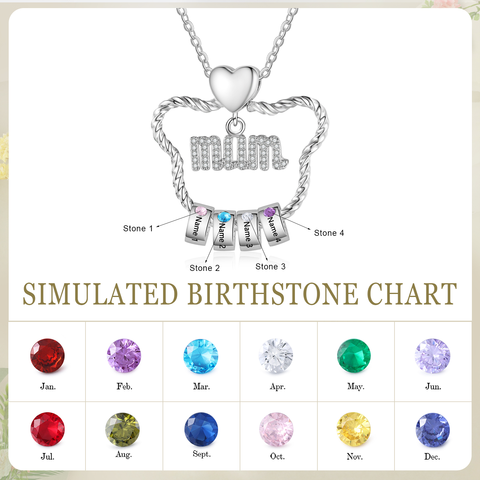 4 Names - Personalized Cat Head Shape Necklace Customized 4 Birthstones & Names Necklace Gift for Mom