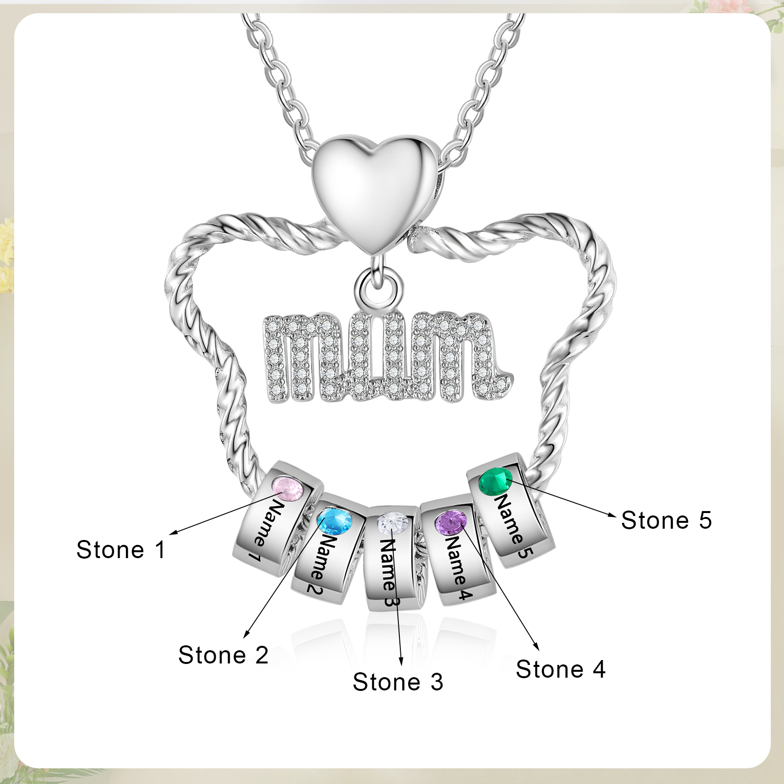 5 Names Personalized Cat Head Shape Necklace Custom Birthstone Necklace Gift for Mum