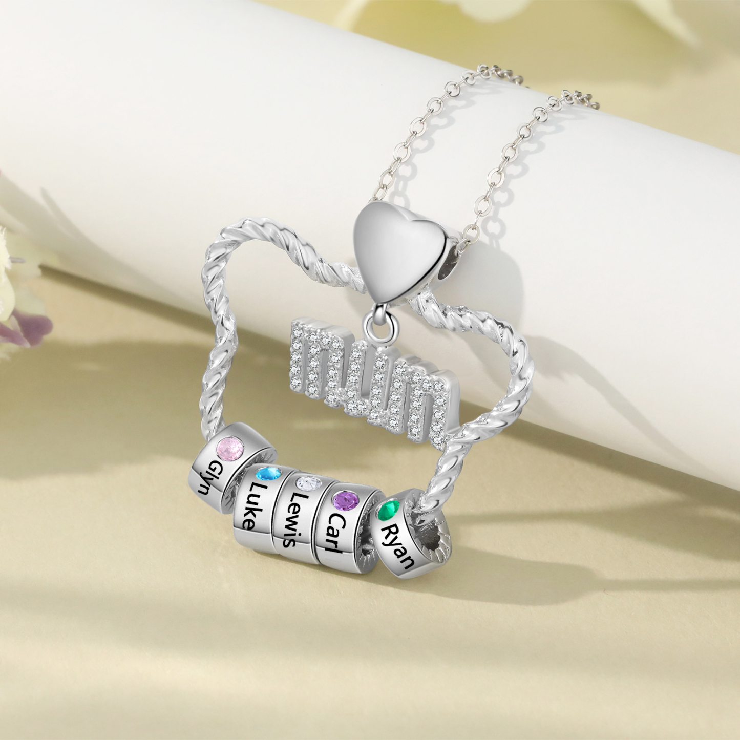 5 Names - Personalized Cat Head Shape Necklace Customized 5 Birthstones & Names Necklace Gift for Mom