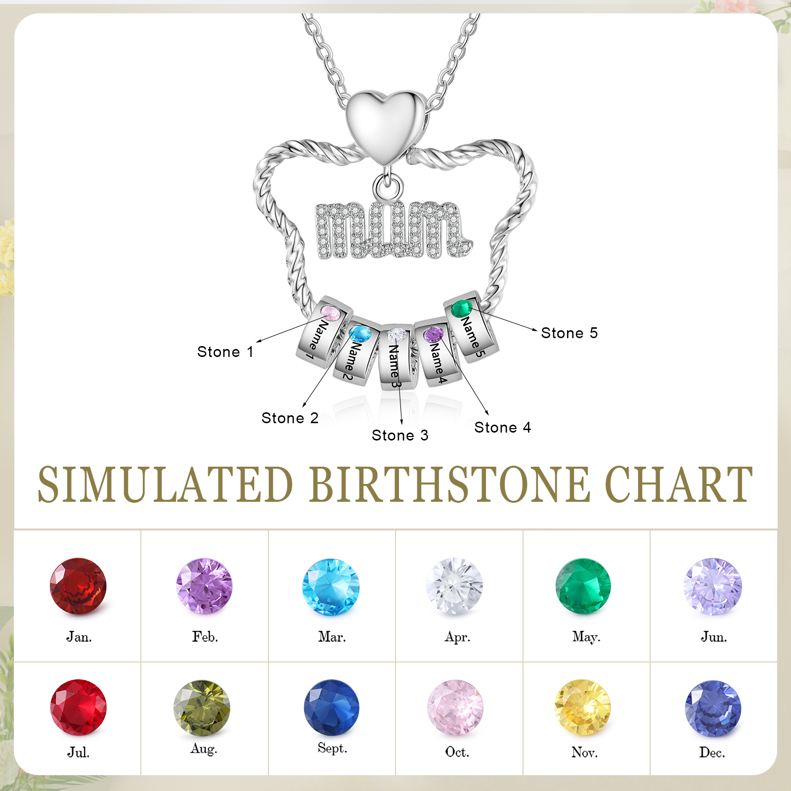 5 Names - Personalized Cat Head Shape Necklace Customized 5 Birthstones & Names Necklace Gift for Mom