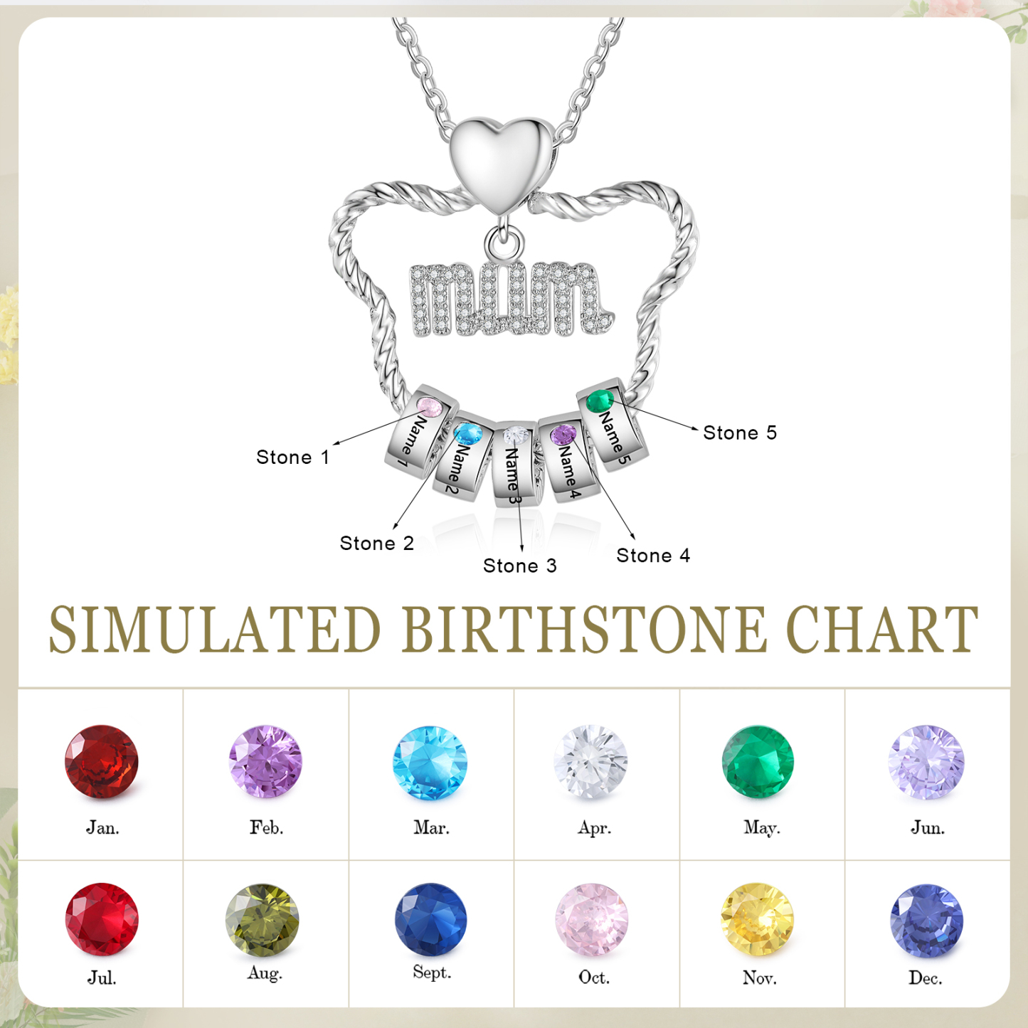 5 Names Personalized Cat Head Shape Necklace Custom Birthstone Necklace Gift for Mum