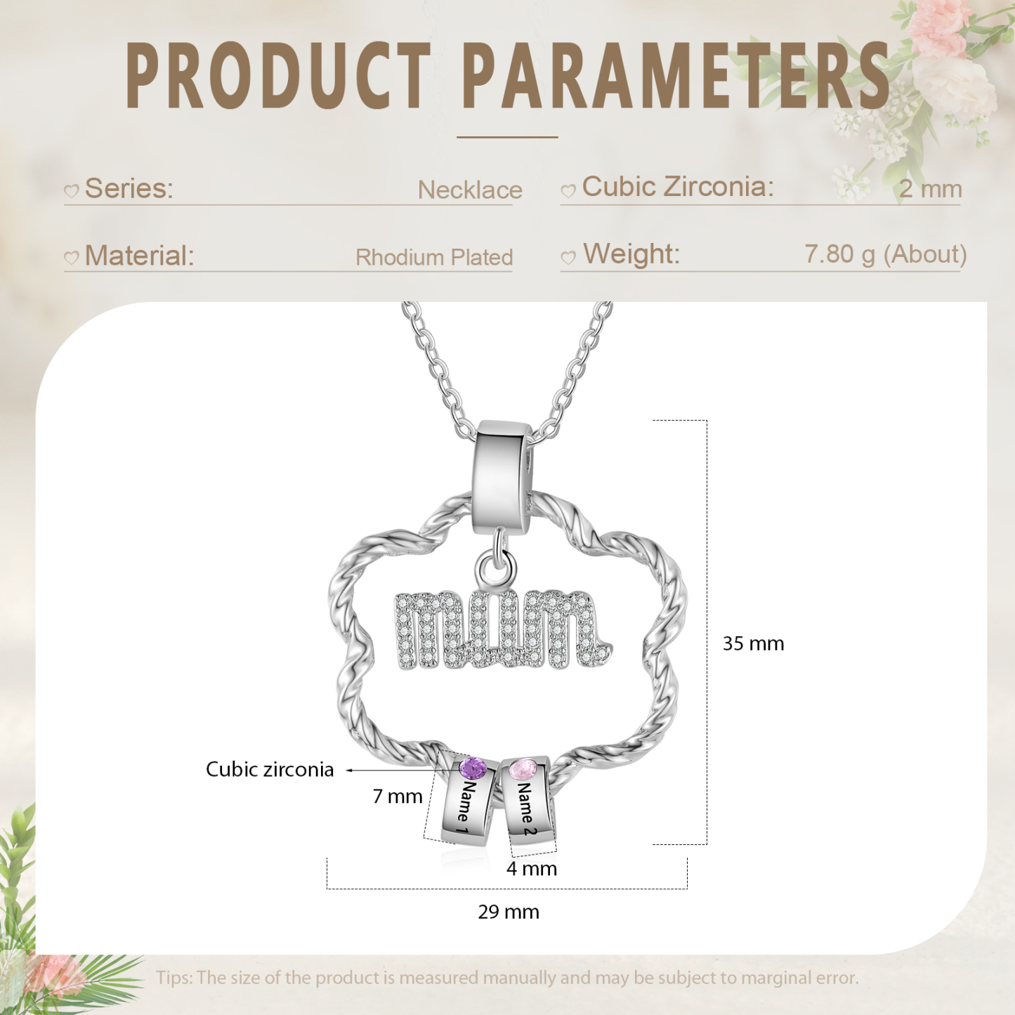2 Name Personalized Flower Necklace With 2 Birthstone Pendants Engraved With Names Gift For Mum