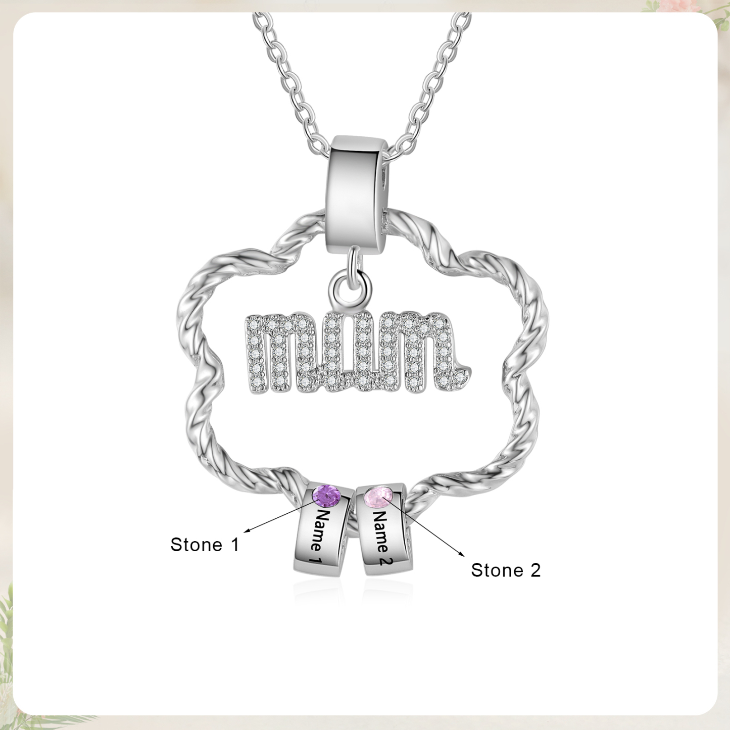 2 Name Personalized Flower Necklace With 2 Birthstone Pendants Engraved With Names Gift For Mum