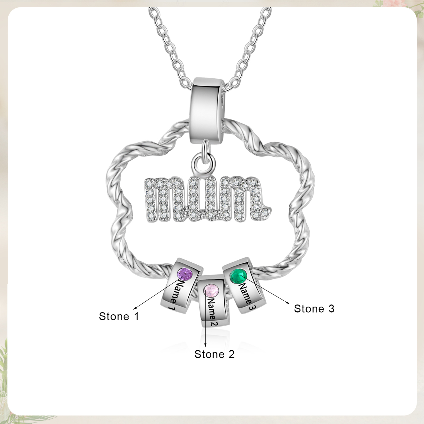 3 Name Personalized Flower Necklace With 3 Birthstone Pendants Engraved With Names Gift For Mum